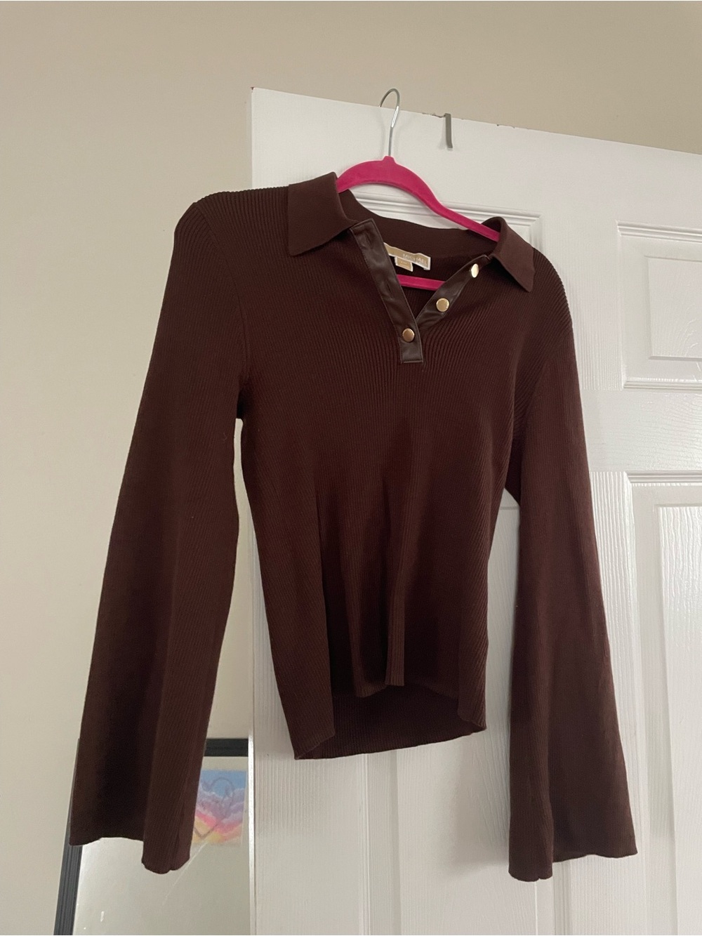 Michael Kors Brown Ribbed Polo Top with Faux-Leather Trim